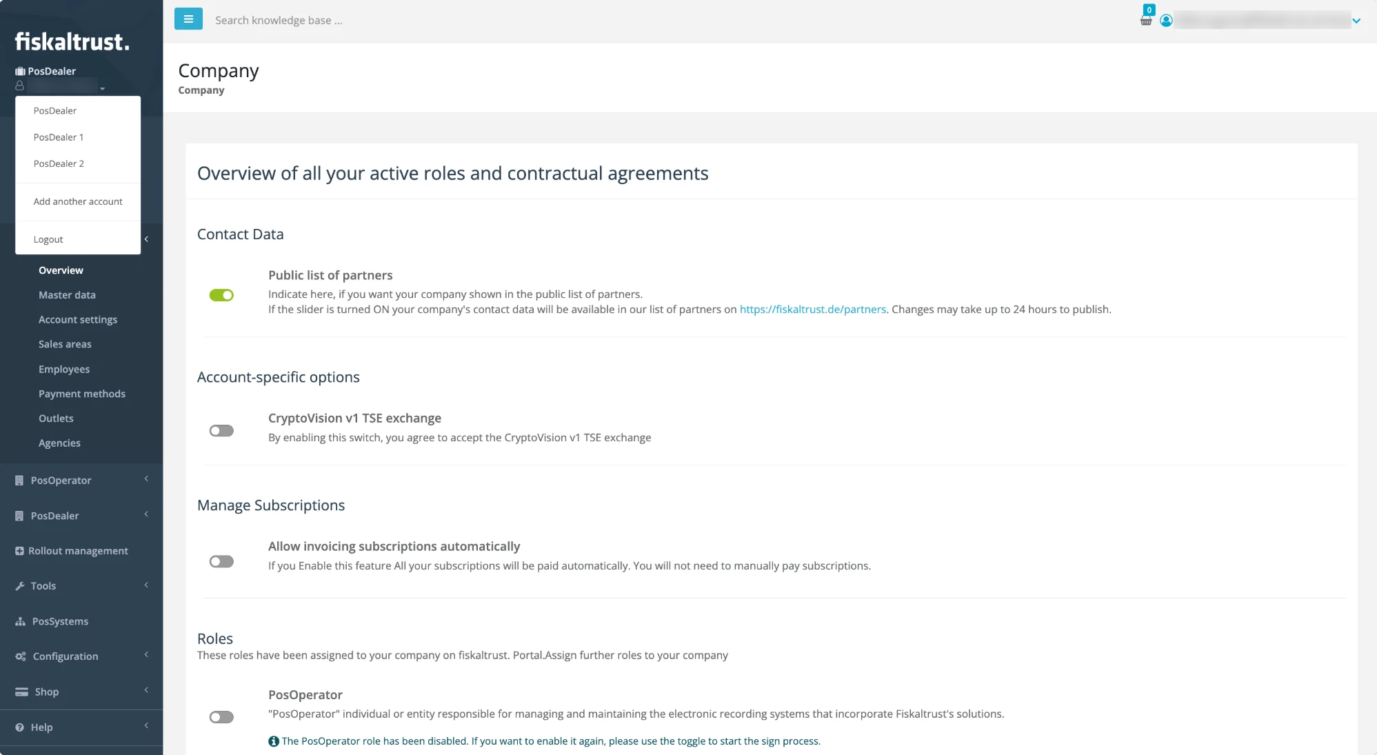 Company page in the fiskaltrust.Portal with the drop-down under the user name in the sidebar header opened, listing the companies PosDealer, PosDealer 1 and PosDealer 2, the entry Add another account and Logout
