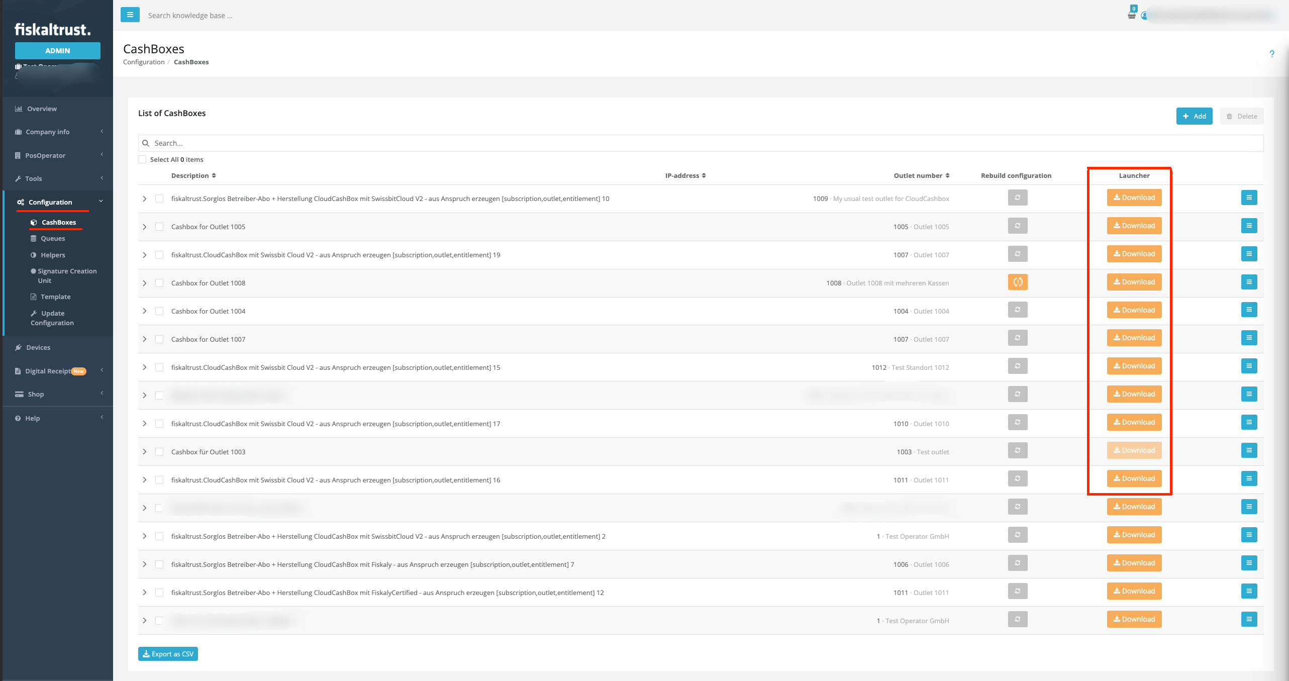 Step 1: Open the fiskaltrust.Portal and navigate to the Configuration -> Cashboxes