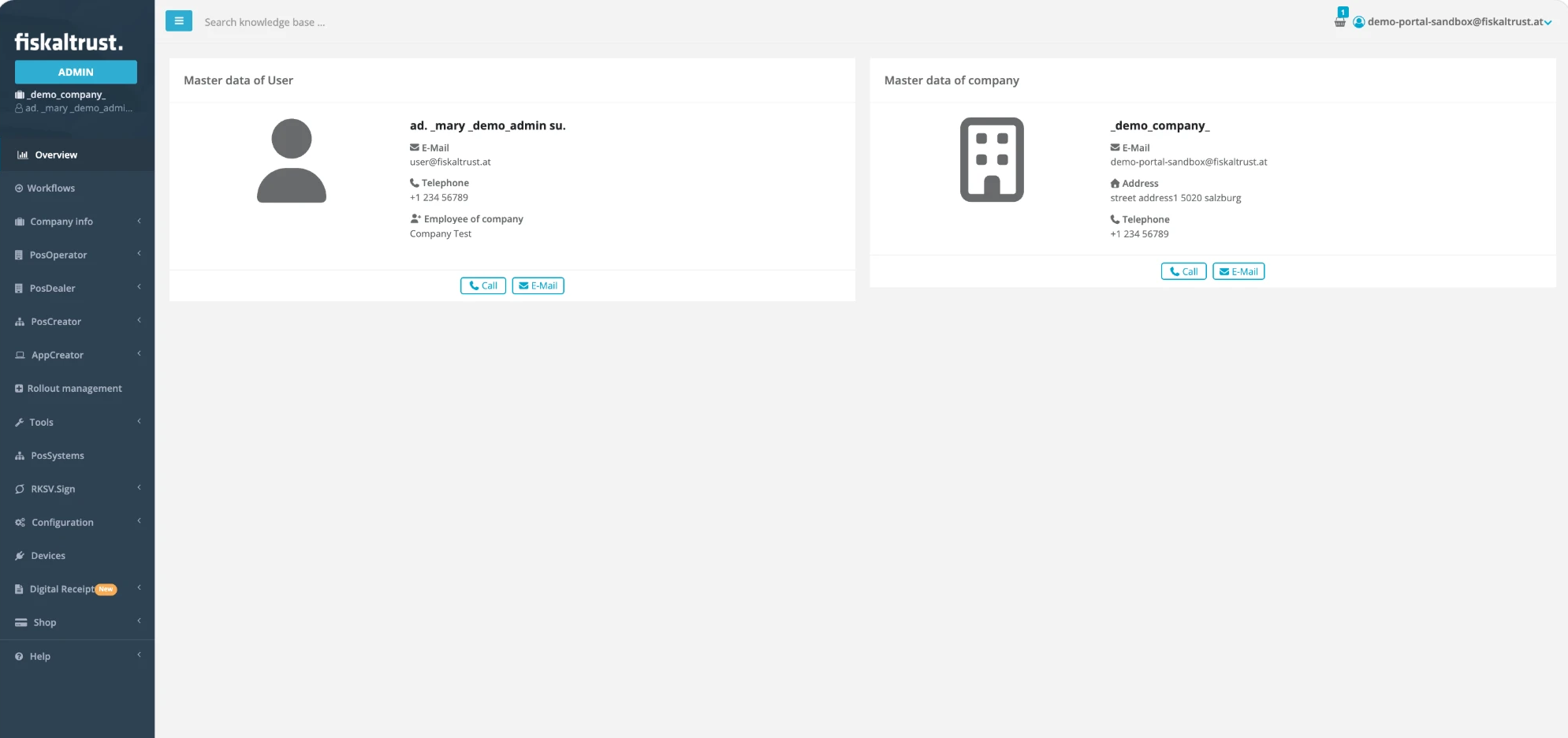 fiskaltrust.Portal Overview page: the sidebar menu (including Overview, Company info, PosOperator, PosDealer, Rollout management, Tools, PosSystems, Configuration and Shop), the Master data of User and Master data of company panels, and the user menu at the top right