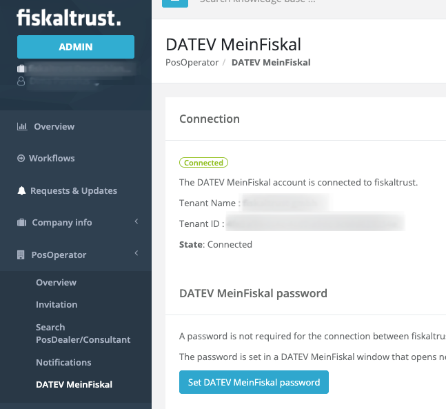 Portal PosOperator DATEV MeinFiskal page showing the connection as Connected, with tenant name, tenant ID and the Set DATEV MeinFiskal password button
