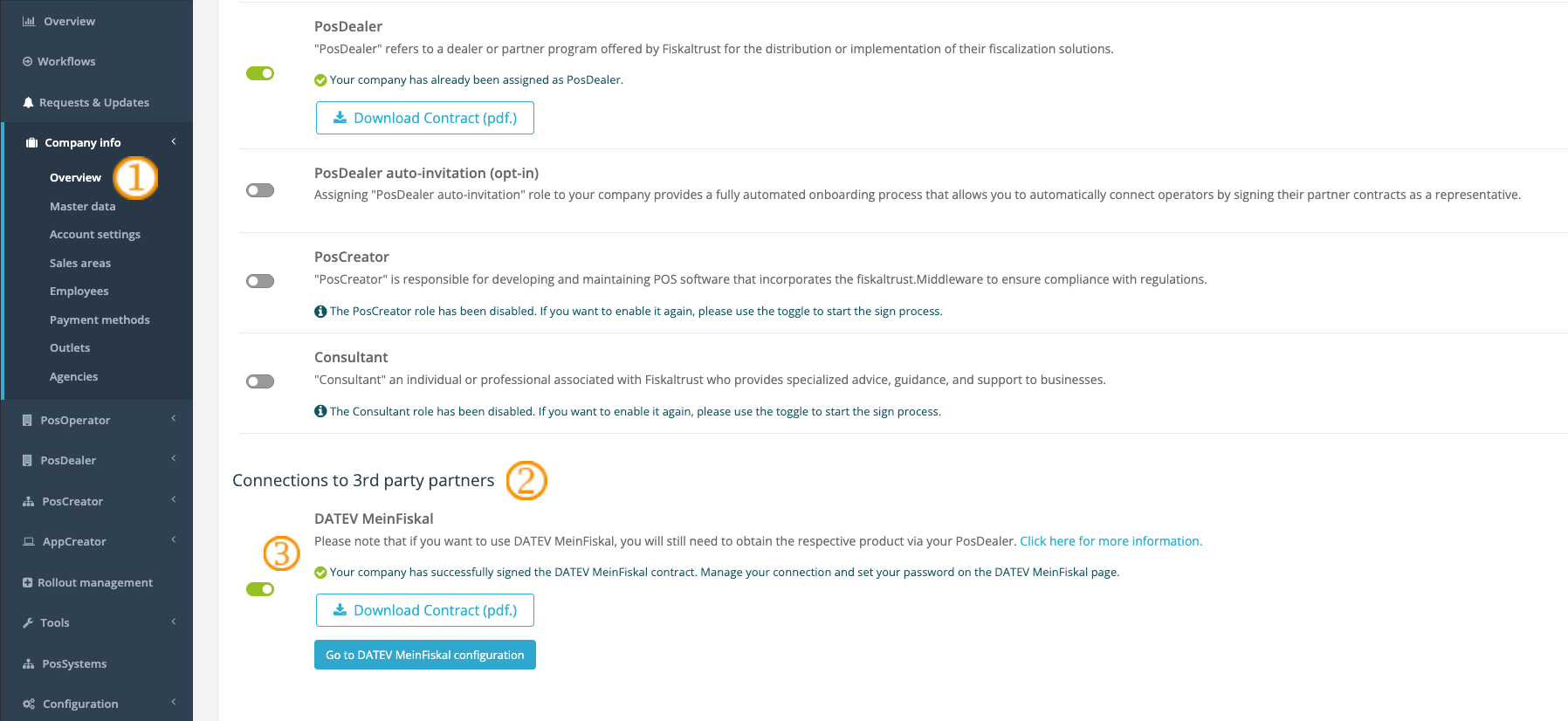 Portal Company info Overview with the DATEV MeinFiskal toggle switched on under Connections to 3rd party partners, steps 1 to 3 marked