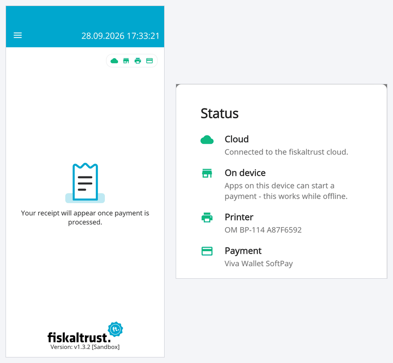 Main screen with the new status icons and the Status popup
